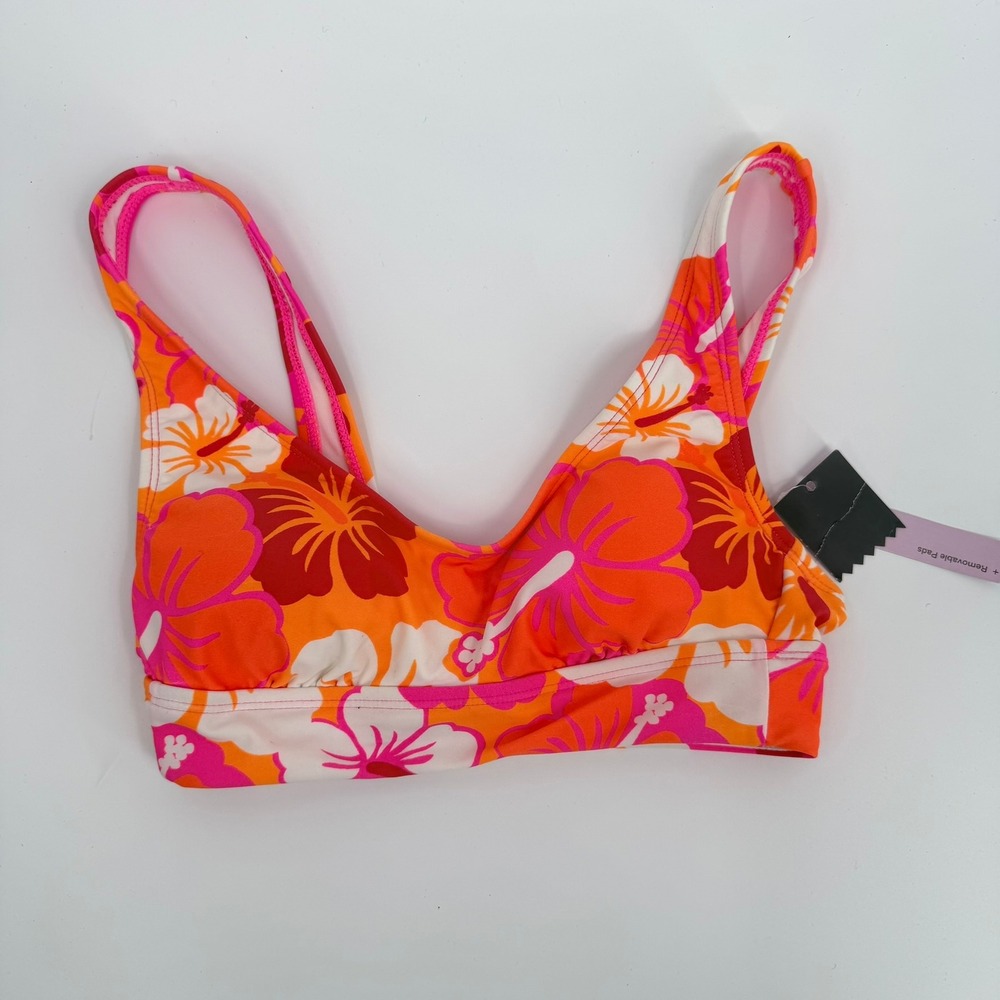 Wild Fable Bikini Top Hibiscus Floral Y2K Women Size XS Orange Pink White NWT